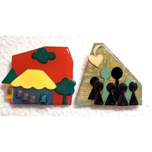 House People Brooch Pins by Lucinda Lot Yellow Roof Red Sky People Heart 80s